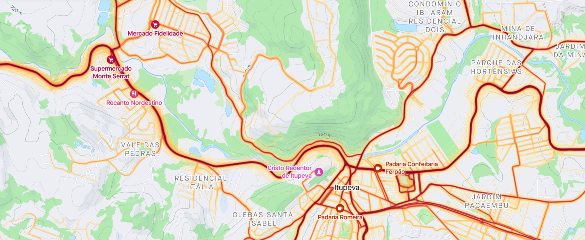 Neste mapa de calor as linhas em vermelho escuro indicam onde existe um maior fluxo de ciclistas.